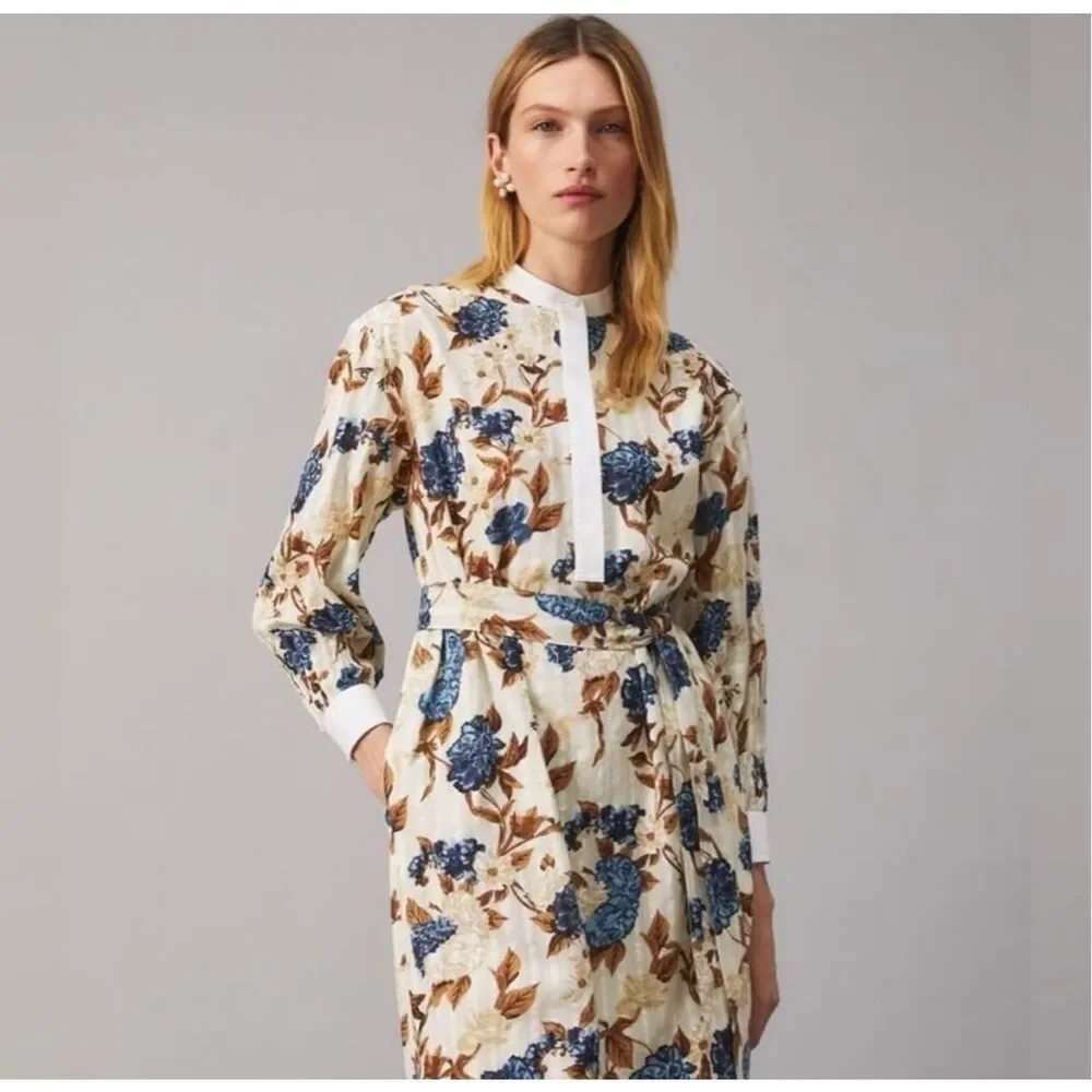 Tory Burch Dress XL Floral Tunic Midi Shirtdress Round Neck Long Sleeve Toile
